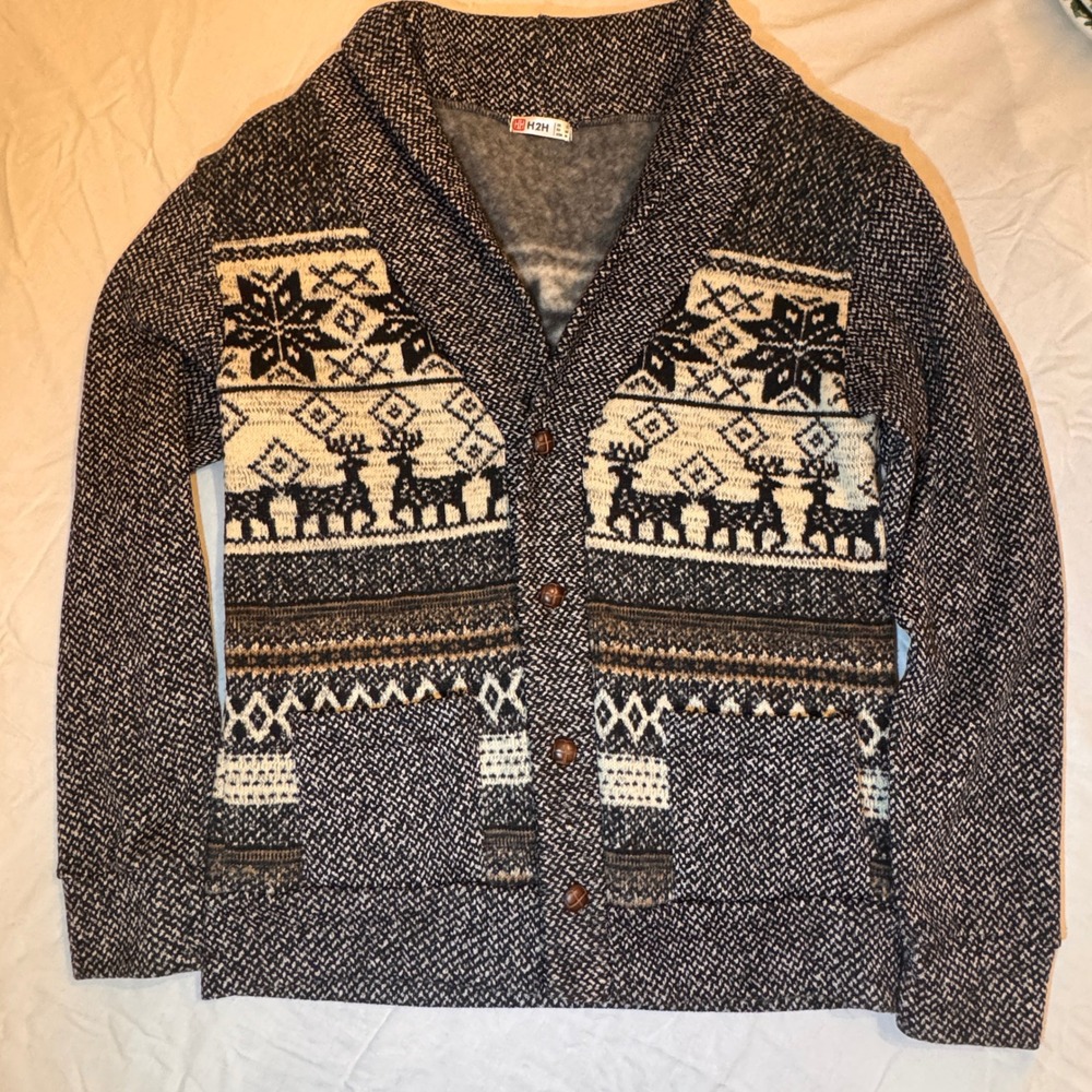 H2H Mens Shawl Collar Fair Isle Reindeer Fleece Lined Cardigan Sweater Small